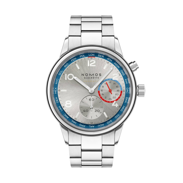         Damen- und Herrenuhr, Automatik, NOMOS Glashütte Club Sport Neomatik Weltzeit silber