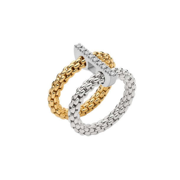         Gelbgold &amp; Weißgold, Ringe, FOPE Prima doppelter Mesh-Ring mit Diamantpavé